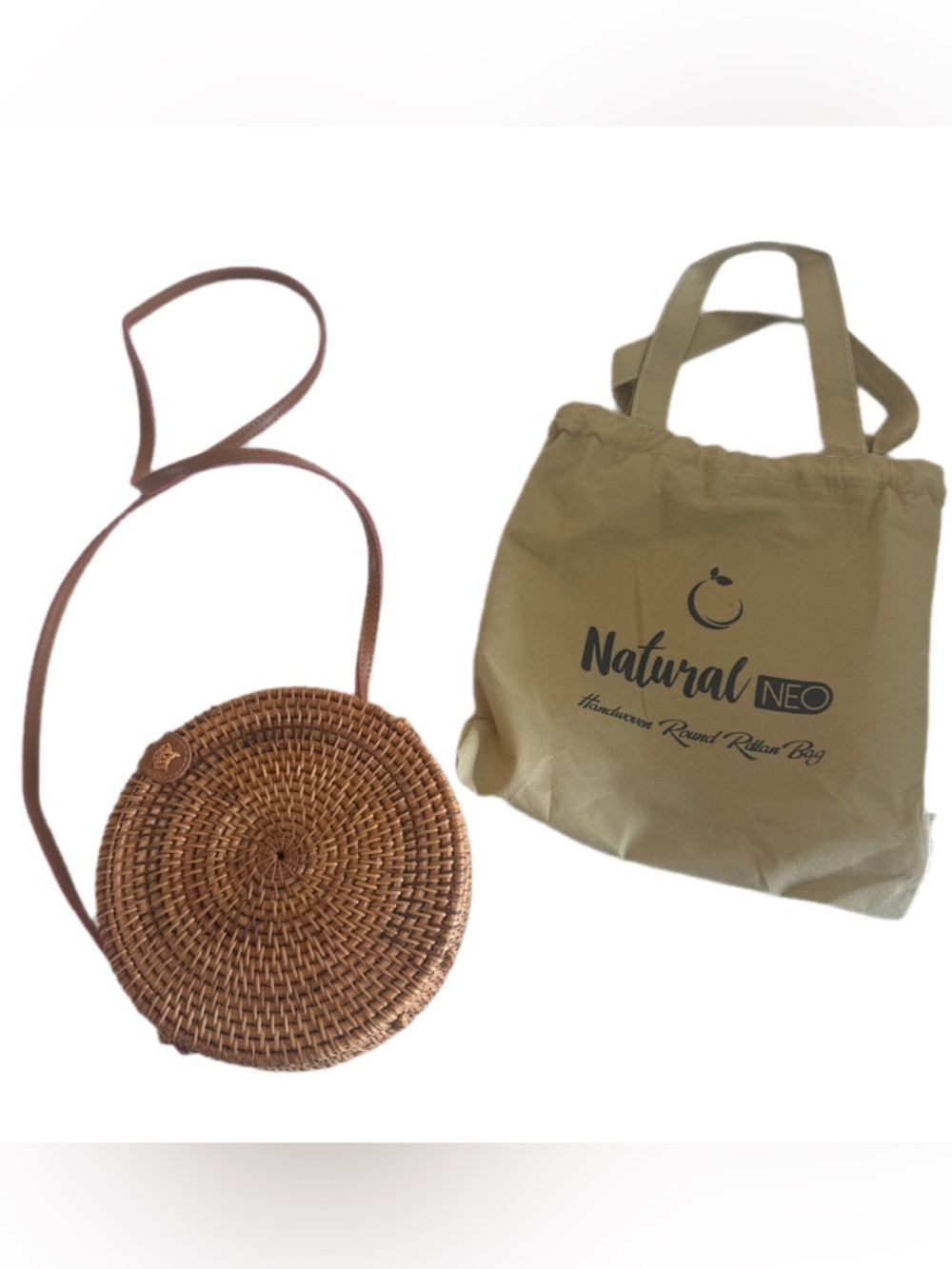 Natural Neo Handwoven Round Rattan Crossbody Bag w/ Duster